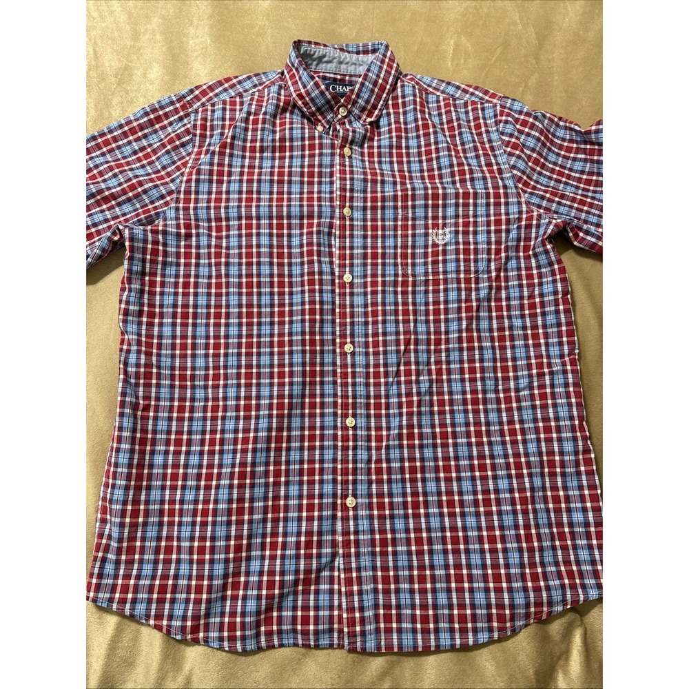 Chaps Men's Red and Blue Plaid Easy Care Short Sleeve Button-Down Shirt
